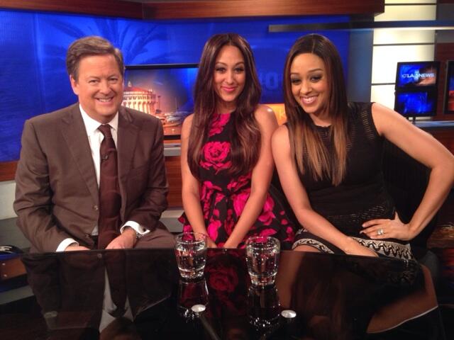 Tamera and Tia chatting with KTLA anchor Sam Rubin about "Let's Bubble" initiative.  Photo Credit: Tamera Mowry's Twitter page